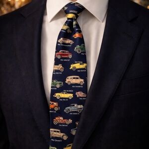 MARK, FORE & STRIKE "Antique Cars" Printed Blue Silk Tie